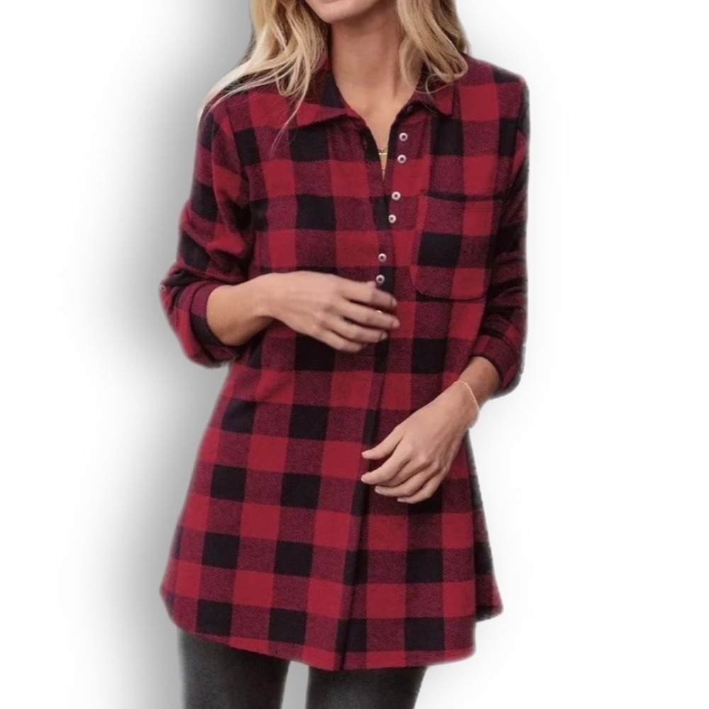 Soft Surroundings Buffalo Plaid Roll Tab Sleeve Fleece Top Women's Size Medium